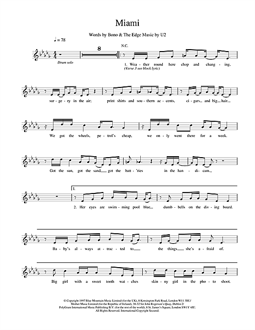 Preview U2 Miami Rock sheet music, notes and chords for Melody Line, Lyrics & Chords, SKU: 18677 sheet music, piano notes, chords, guitar tabs, score, transpose, transcribe, how to play, guide, download, learn, tutorial, progression, song, artist, awards, billboard, mtv, vh1, tour, single, album, release
