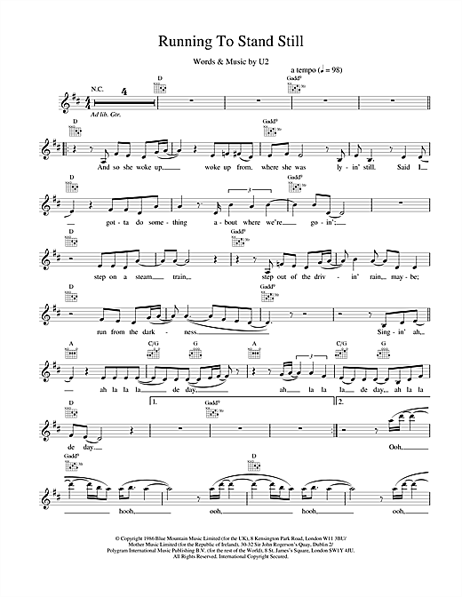 Preview U2 Running To Stand Still Rock sheet music, notes and chords for Melody Line, Lyrics & Chords, SKU: 18678 sheet music, piano notes, chords, guitar tabs, score, transpose, transcribe, how to play, guide, download, learn, tutorial, progression, song, artist, awards, billboard, mtv, vh1, tour, single, album, release