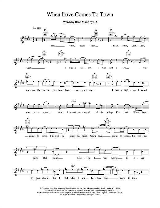 Preview U2 When Love Comes To Town Rock sheet music, notes and chords for Melody Line, Lyrics & Chords, SKU: 18679 sheet music, piano notes, chords, guitar tabs, score, transpose, transcribe, how to play, guide, download, learn, tutorial, progression, song, artist, awards, billboard, mtv, vh1, tour, single, album, release