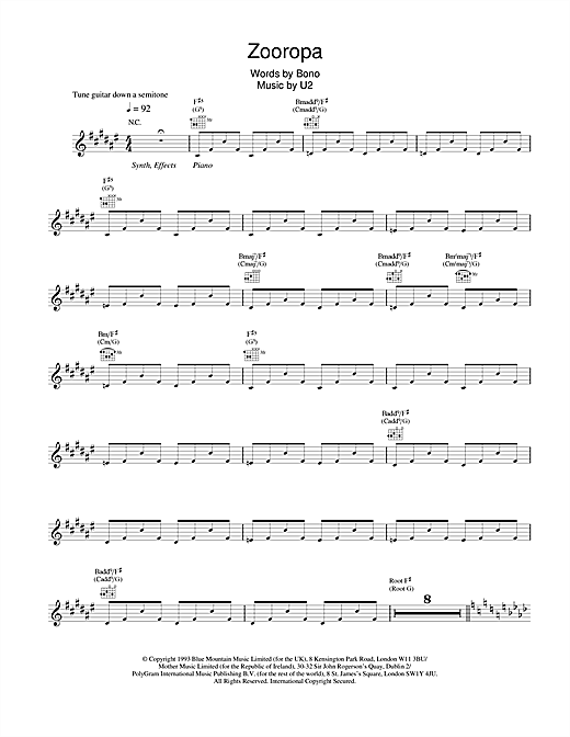 Preview U2 Zooropa Rock sheet music, notes and chords for Melody Line, Lyrics & Chords, SKU: 18680 sheet music, piano notes, chords, guitar tabs, score, transpose, transcribe, how to play, guide, download, learn, tutorial, progression, song, artist, awards, billboard, mtv, vh1, tour, single, album, release