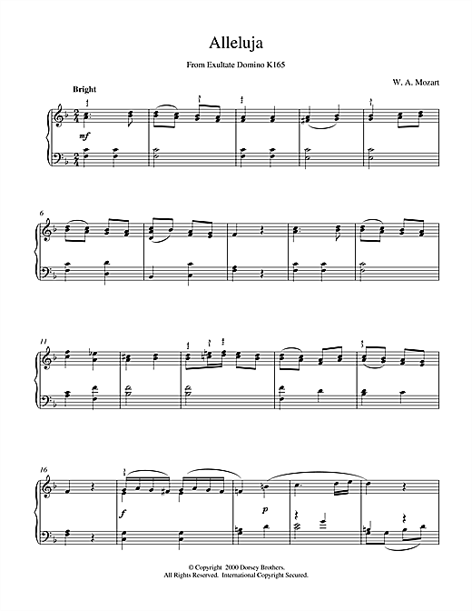 Preview Wolfgang Amadeus Mozart Alleluja From Exultate Domino Classical sheet music, notes and chords for Piano, SKU: 18683 sheet music, piano notes, chords, guitar tabs, score, transpose, transcribe, how to play, guide, download, learn, tutorial, progression, song, artist, awards, billboard, mtv, vh1, tour, single, album, release