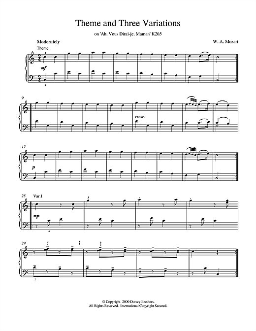 Preview Wolfgang Amadeus Mozart Theme and Three Variations on 'Ah, Vous Dirai-je, Maman' K265 Classical sheet music, notes and chords for Piano, SKU: 18687 sheet music, piano notes, chords, guitar tabs, score, transpose, transcribe, how to play, guide, download, learn, tutorial, progression, song, artist, awards, billboard, mtv, vh1, tour, single, album, release