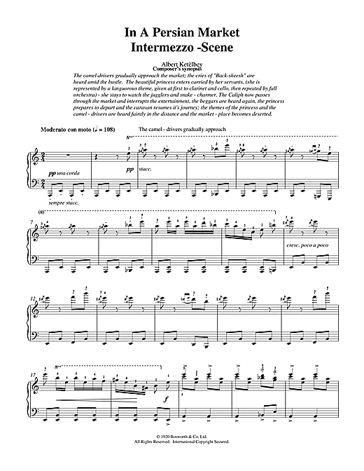 Preview Albert Ketèlbey In A Persian Market Classical sheet music, notes and chords for Piano, SKU: 18689 sheet music, piano notes, chords, guitar tabs, score, transpose, transcribe, how to play, guide, download, learn, tutorial, progression, song, artist, awards, billboard, mtv, vh1, tour, single, album, release