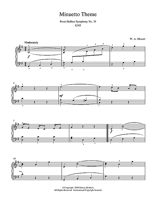 Preview Wolfgang Amadeus Mozart Minuetto Theme From Haffner Symphony No. 35 K385 Classical sheet music, notes and chords for Piano, SKU: 18693 sheet music, piano notes, chords, guitar tabs, score, transpose, transcribe, how to play, guide, download, learn, tutorial, progression, song, artist, awards, billboard, mtv, vh1, tour, single, album, release