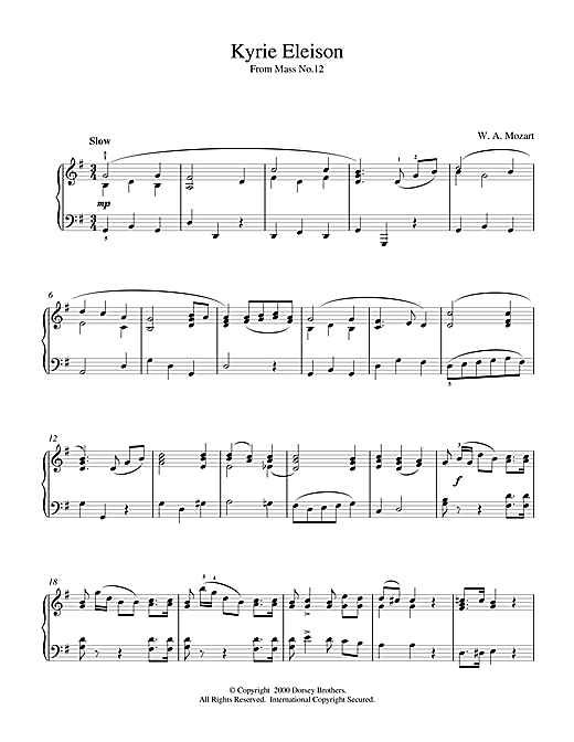 Preview Wolfgang Amadeus Mozart Kyrie Eleison From Mass No.12 Classical sheet music, notes and chords for Piano, SKU: 18694 sheet music, piano notes, chords, guitar tabs, score, transpose, transcribe, how to play, guide, download, learn, tutorial, progression, song, artist, awards, billboard, mtv, vh1, tour, single, album, release