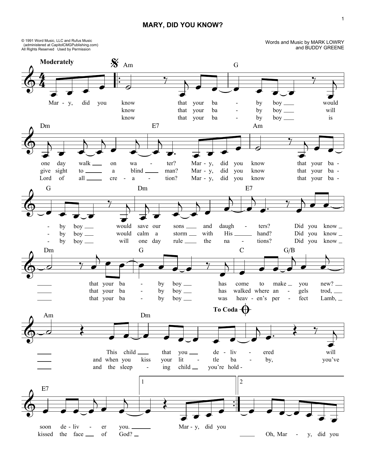 Kathy Mattea "Mary, Did You Know?" Sheet Music Notes, Chords