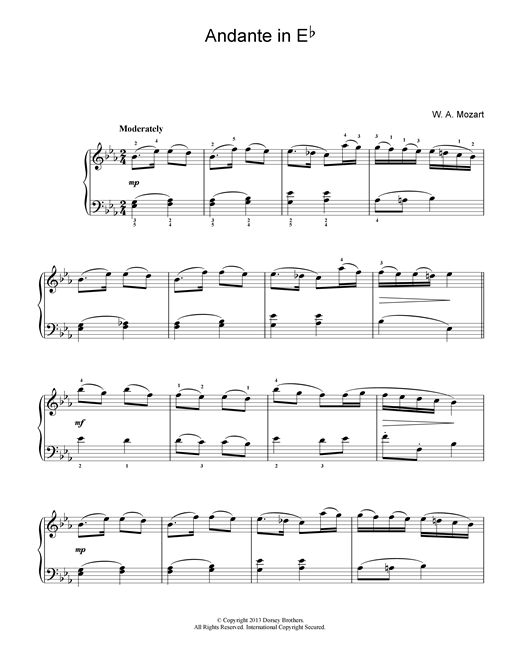 Preview Wolfgang Amadeus Mozart Andante in E Flat Classical sheet music, notes and chords for Piano, SKU: 18696 sheet music, piano notes, chords, guitar tabs, score, transpose, transcribe, how to play, guide, download, learn, tutorial, progression, song, artist, awards, billboard, mtv, vh1, tour, single, album, release