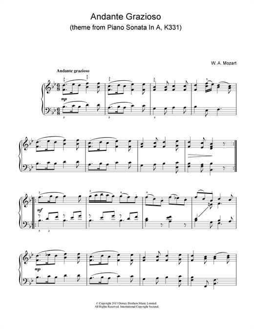 Preview Wolfgang Amadeus Mozart Andante Grazioso (theme from Piano Sonata In A, K331) Classical sheet music, notes and chords for Piano, SKU: 18697 sheet music, piano notes, chords, guitar tabs, score, transpose, transcribe, how to play, guide, download, learn, tutorial, progression, song, artist, awards, billboard, mtv, vh1, tour, single, album, release