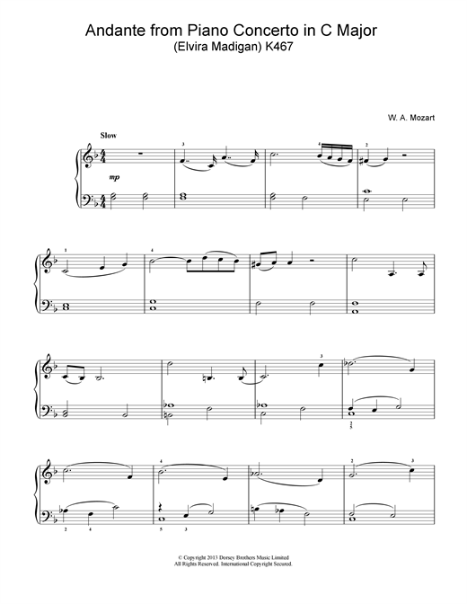 Preview Wolfgang Amadeus Mozart Andante from Piano Concerto in C Major (Elvira Madigan) K467 Classical sheet music, notes and chords for Piano, SKU: 18698 sheet music, piano notes, chords, guitar tabs, score, transpose, transcribe, how to play, guide, download, learn, tutorial, progression, song, artist, awards, billboard, mtv, vh1, tour, single, album, release