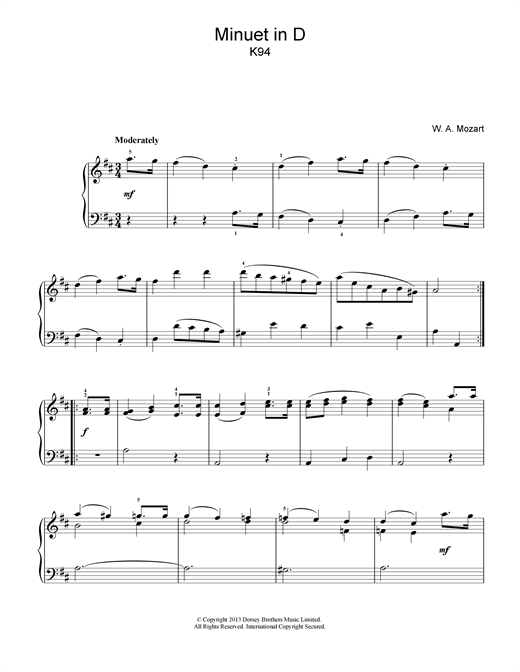 Preview Wolfgang Amadeus Mozart Minuet in D K94 Classical sheet music, notes and chords for Piano, SKU: 18699 sheet music, piano notes, chords, guitar tabs, score, transpose, transcribe, how to play, guide, download, learn, tutorial, progression, song, artist, awards, billboard, mtv, vh1, tour, single, album, release