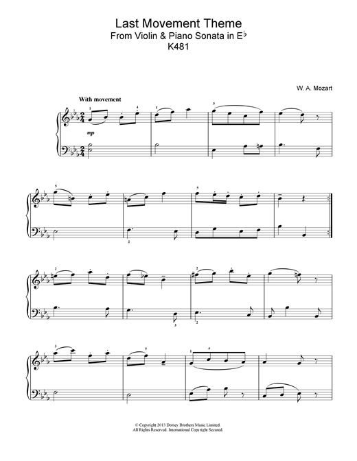 Preview Wolfgang Amadeus Mozart Last Movement Theme from Violin & Piano Sonata in Eb, K481 Classical sheet music, notes and chords for Piano, SKU: 18701 sheet music, piano notes, chords, guitar tabs, score, transpose, transcribe, how to play, guide, download, learn, tutorial, progression, song, artist, awards, billboard, mtv, vh1, tour, single, album, release