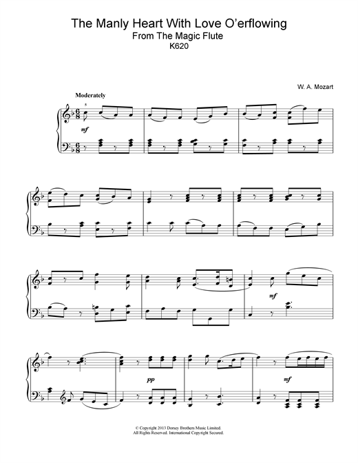 Preview Wolfgang Amadeus Mozart The Manly Heart With Love O'erflowing (from The Magic Flute, K620) Classical sheet music, notes and chords for Piano, SKU: 18702 sheet music, piano notes, chords, guitar tabs, score, transpose, transcribe, how to play, guide, download, learn, tutorial, progression, song, artist, awards, billboard, mtv, vh1, tour, single, album, release