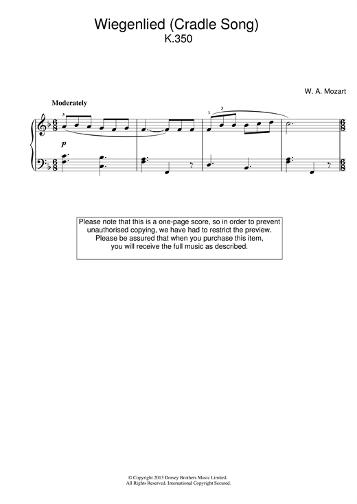 Preview Wolfgang Amadeus Mozart Wiegenlied (Cradle Song) K.350 Classical sheet music, notes and chords for Piano, SKU: 18705 sheet music, piano notes, chords, guitar tabs, score, transpose, transcribe, how to play, guide, download, learn, tutorial, progression, song, artist, awards, billboard, mtv, vh1, tour, single, album, release