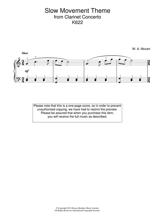 Preview Wolfgang Amadeus Mozart Slow Movement Theme (from Clarinet Concerto K622) Classical sheet music, notes and chords for Piano, SKU: 18706 sheet music, piano notes, chords, guitar tabs, score, transpose, transcribe, how to play, guide, download, learn, tutorial, progression, song, artist, awards, billboard, mtv, vh1, tour, single, album, release