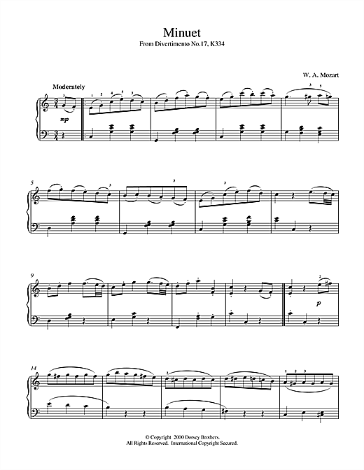 Preview Wolfgang Amadeus Mozart Minuet from Divertimento No.17, K334 Classical sheet music, notes and chords for Piano, SKU: 18709 sheet music, piano notes, chords, guitar tabs, score, transpose, transcribe, how to play, guide, download, learn, tutorial, progression, song, artist, awards, billboard, mtv, vh1, tour, single, album, release