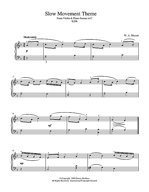 Preview Wolfgang Amadeus Mozart Slow Movement Theme from Violin & Piano Sonata in C, K296 Classical sheet music, notes and chords for Piano, SKU: 18711 sheet music, piano notes, chords, guitar tabs, score, transpose, transcribe, how to play, guide, download, learn, tutorial, progression, song, artist, awards, billboard, mtv, vh1, tour, single, album, release