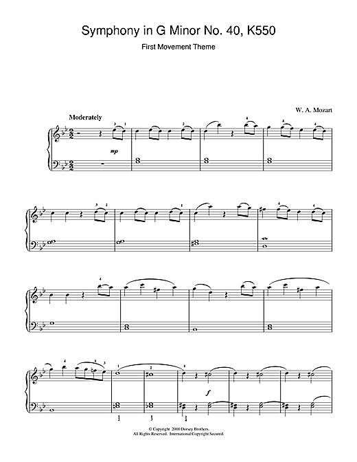 Preview Wolfgang Amadeus Mozart Symphony No. 40 in G Minor K550, 1st Movement Theme Classical sheet music, notes and chords for Piano, SKU: 18713 sheet music, piano notes, chords, guitar tabs, score, transpose, transcribe, how to play, guide, download, learn, tutorial, progression, song, artist, awards, billboard, mtv, vh1, tour, single, album, release