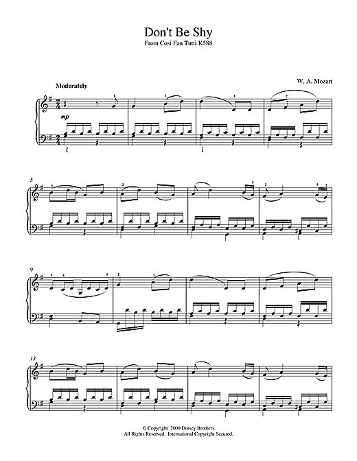 Preview Wolfgang Amadeus Mozart Don't Be Shy (from Cosi Fan Tutti, K588) Classical sheet music, notes and chords for Piano, SKU: 18714 sheet music, piano notes, chords, guitar tabs, score, transpose, transcribe, how to play, guide, download, learn, tutorial, progression, song, artist, awards, billboard, mtv, vh1, tour, single, album, release