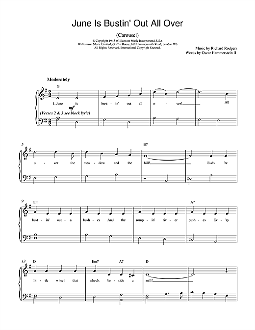 Preview Rodgers & Hammerstein June Is Bustin' Out All Over (from Carousel) Musicals sheet music, notes and chords for Piano, SKU: 18717 sheet music, piano notes, chords, guitar tabs, score, transpose, transcribe, how to play, guide, download, learn, tutorial, progression, song, artist, awards, billboard, mtv, vh1, tour, single, album, release