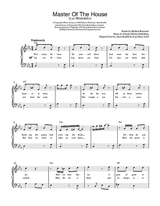 Preview Boublil and Schonberg Master Of The House (from Les Miserables) Musicals sheet music, notes and chords for Piano, SKU: 18719 sheet music, piano notes, chords, guitar tabs, score, transpose, transcribe, how to play, guide, download, learn, tutorial, progression, song, artist, awards, billboard, mtv, vh1, tour, single, album, release