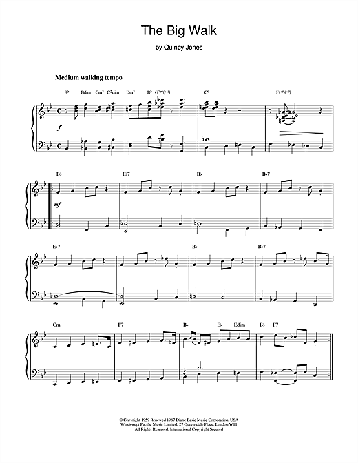 Preview Quincy Jones The Big Walk Jazz sheet music, notes and chords for Piano, SKU: 18735 sheet music, piano notes, chords, guitar tabs, score, transpose, transcribe, how to play, guide, download, learn, tutorial, progression, song, artist, awards, billboard, mtv, vh1, tour, single, album, release