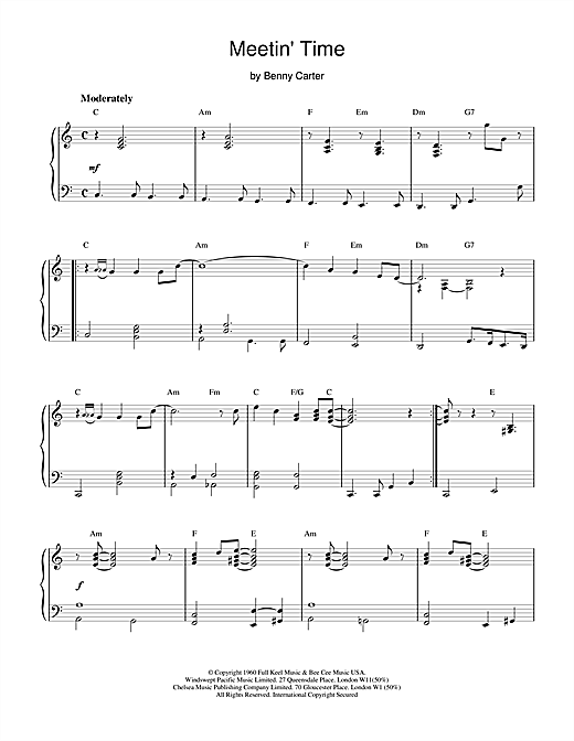Preview Benny Carter Meetin' Time Jazz sheet music, notes and chords for Piano, SKU: 18738 sheet music, piano notes, chords, guitar tabs, score, transpose, transcribe, how to play, guide, download, learn, tutorial, progression, song, artist, awards, billboard, mtv, vh1, tour, single, album, release
