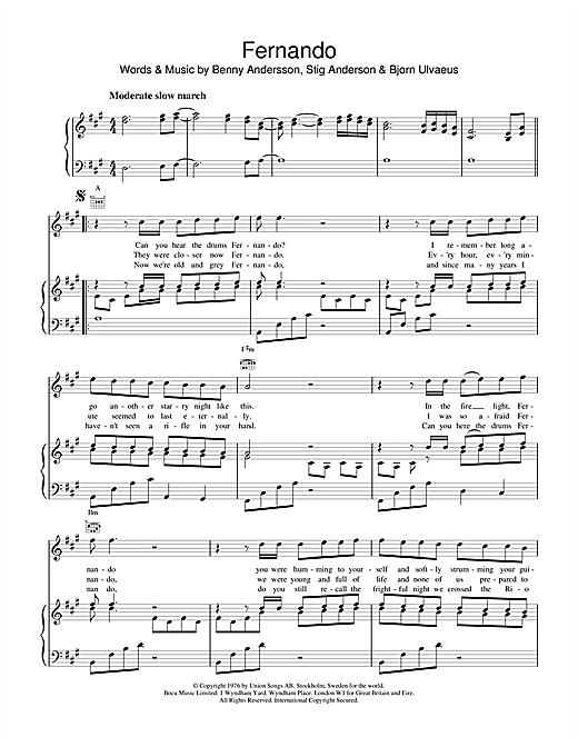 Preview ABBA Fernando Pop sheet music, notes and chords for Piano, Vocal & Guitar (Right-Hand Melody), SKU: 18742 sheet music, piano notes, chords, guitar tabs, score, transpose, transcribe, how to play, guide, download, learn, tutorial, progression, song, artist, awards, billboard, mtv, vh1, tour, single, album, release