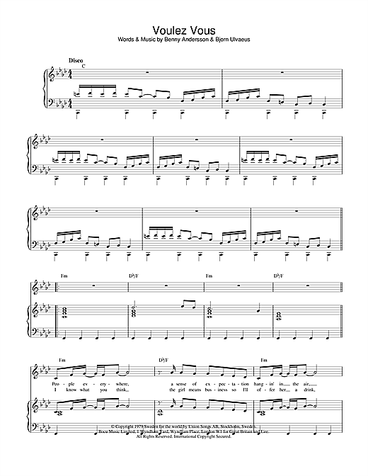 Preview ABBA Voulez Vous Pop sheet music, notes and chords for Piano, Vocal & Guitar (Right-Hand Melody), SKU: 18743 sheet music, piano notes, chords, guitar tabs, score, transpose, transcribe, how to play, guide, download, learn, tutorial, progression, song, artist, awards, billboard, mtv, vh1, tour, single, album, release