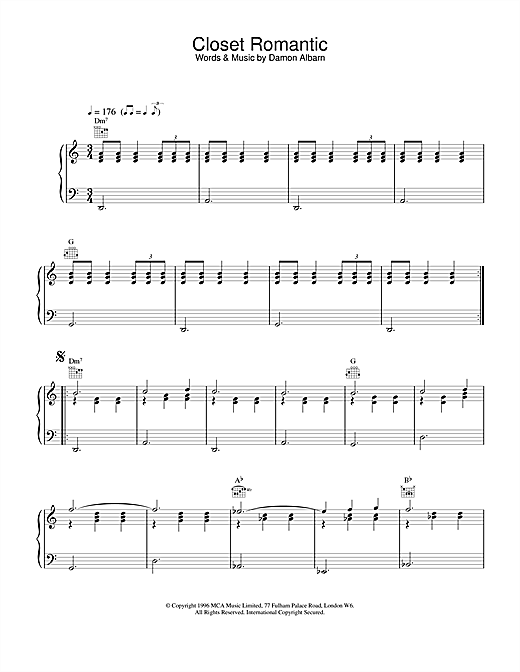 Preview Blur Closet Romantic Pop sheet music, notes and chords for Piano, Vocal & Guitar (Right-Hand Melody), SKU: 18755 sheet music, piano notes, chords, guitar tabs, score, transpose, transcribe, how to play, guide, download, learn, tutorial, progression, song, artist, awards, billboard, mtv, vh1, tour, single, album, release