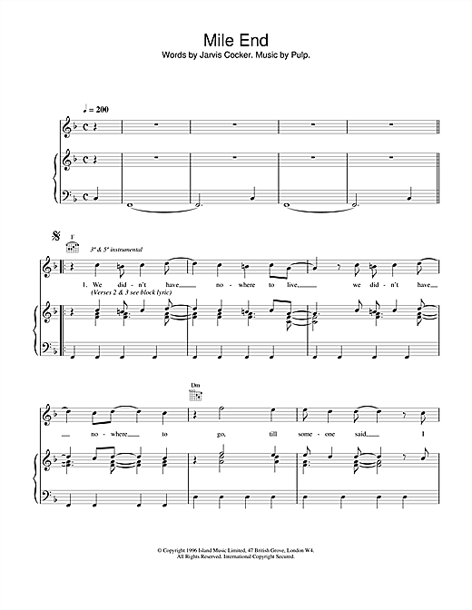 Preview Pulp Mile End Pop sheet music, notes and chords for Piano, Vocal & Guitar (Right-Hand Melody), SKU: 18758 sheet music, piano notes, chords, guitar tabs, score, transpose, transcribe, how to play, guide, download, learn, tutorial, progression, song, artist, awards, billboard, mtv, vh1, tour, single, album, release