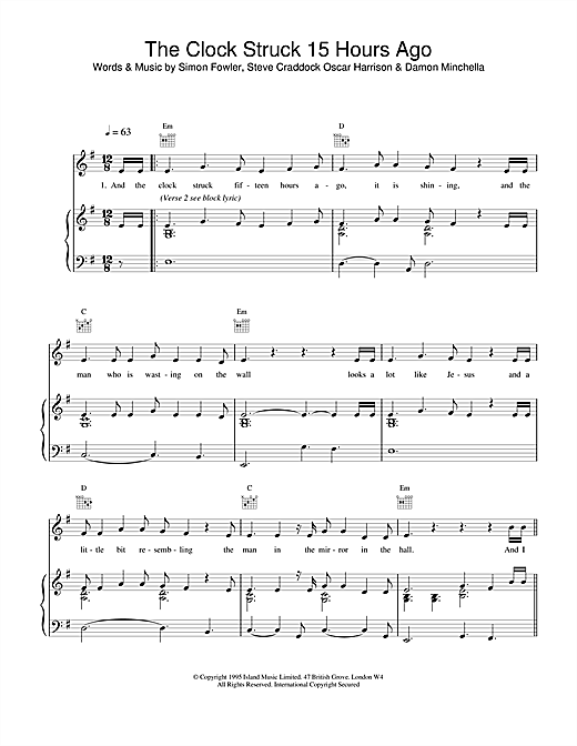 Preview Ocean Colour Scene The Clock Struck 15 Hours Ago Rock sheet music, notes and chords for Piano, Vocal & Guitar (Right-Hand Melody), SKU: 18760 sheet music, piano notes, chords, guitar tabs, score, transpose, transcribe, how to play, guide, download, learn, tutorial, progression, song, artist, awards, billboard, mtv, vh1, tour, single, album, release