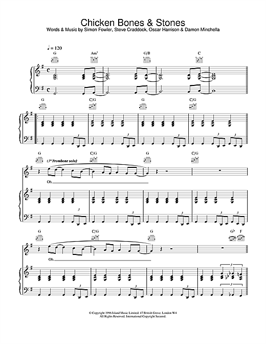 Preview Ocean Colour Scene Chicken Bones & Stones Rock sheet music, notes and chords for Piano, Vocal & Guitar, SKU: 18762 sheet music, piano notes, chords, guitar tabs, score, transpose, transcribe, how to play, guide, download, learn, tutorial, progression, song, artist, awards, billboard, mtv, vh1, tour, single, album, release