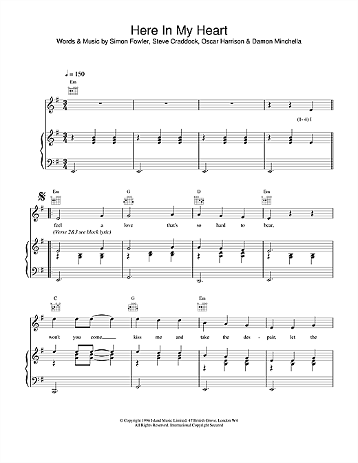Preview Ocean Colour Scene Here In My Heart Rock sheet music, notes and chords for Piano, Vocal & Guitar (Right-Hand Melody), SKU: 18763 sheet music, piano notes, chords, guitar tabs, score, transpose, transcribe, how to play, guide, download, learn, tutorial, progression, song, artist, awards, billboard, mtv, vh1, tour, single, album, release