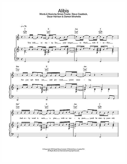 Preview Ocean Colour Scene Alibis Rock sheet music, notes and chords for Piano, Vocal & Guitar (Right-Hand Melody), SKU: 18765 sheet music, piano notes, chords, guitar tabs, score, transpose, transcribe, how to play, guide, download, learn, tutorial, progression, song, artist, awards, billboard, mtv, vh1, tour, single, album, release