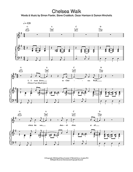 Preview Ocean Colour Scene Chelsea Walk Rock sheet music, notes and chords for Piano, Vocal & Guitar (Right-Hand Melody), SKU: 18766 sheet music, piano notes, chords, guitar tabs, score, transpose, transcribe, how to play, guide, download, learn, tutorial, progression, song, artist, awards, billboard, mtv, vh1, tour, single, album, release