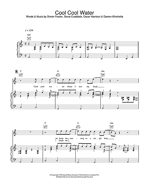 Preview Ocean Colour Scene Cool Cool Water Rock sheet music, notes and chords for Piano, Vocal & Guitar (Right-Hand Melody), SKU: 18767 sheet music, piano notes, chords, guitar tabs, score, transpose, transcribe, how to play, guide, download, learn, tutorial, progression, song, artist, awards, billboard, mtv, vh1, tour, single, album, release