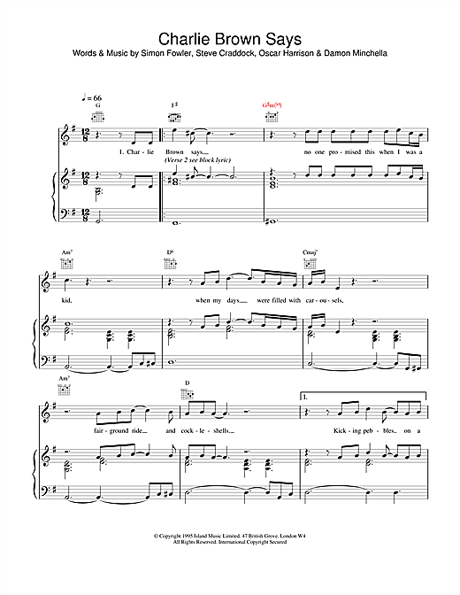 Preview Ocean Colour Scene Charlie Brown Says Rock sheet music, notes and chords for Piano, Vocal & Guitar (Right-Hand Melody), SKU: 18769 sheet music, piano notes, chords, guitar tabs, score, transpose, transcribe, how to play, guide, download, learn, tutorial, progression, song, artist, awards, billboard, mtv, vh1, tour, single, album, release