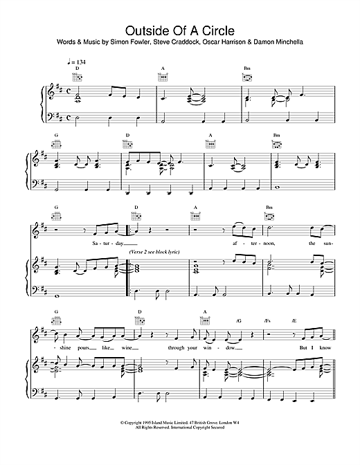 Preview Ocean Colour Scene Outside Of A Circle Rock sheet music, notes and chords for Piano, Vocal & Guitar (Right-Hand Melody), SKU: 18770 sheet music, piano notes, chords, guitar tabs, score, transpose, transcribe, how to play, guide, download, learn, tutorial, progression, song, artist, awards, billboard, mtv, vh1, tour, single, album, release