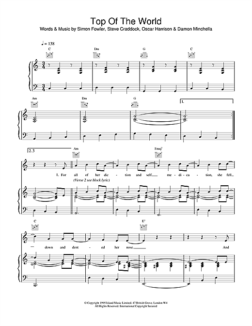 Preview Ocean Colour Scene Top Of The World Rock sheet music, notes and chords for Piano, Vocal & Guitar (Right-Hand Melody), SKU: 18771 sheet music, piano notes, chords, guitar tabs, score, transpose, transcribe, how to play, guide, download, learn, tutorial, progression, song, artist, awards, billboard, mtv, vh1, tour, single, album, release