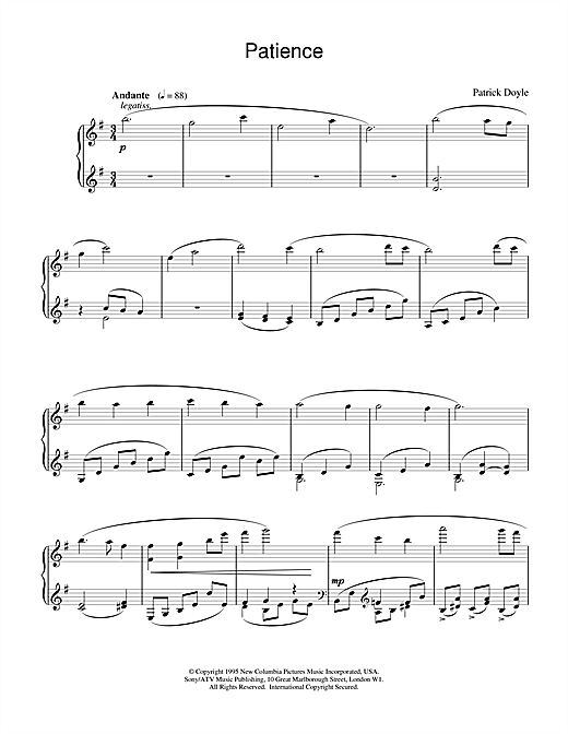 Preview Patrick Doyle Patience (from Sense And Sensibility) Film and TV sheet music, notes and chords for Piano, SKU: 18773 sheet music, piano notes, chords, guitar tabs, score, transpose, transcribe, how to play, guide, download, learn, tutorial, progression, song, artist, awards, billboard, mtv, vh1, tour, single, album, release