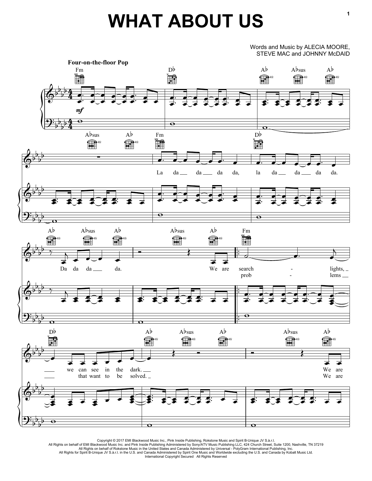 Preview Pink What About Us Pop sheet music, notes and chords for Piano, Vocal & Guitar (Right-Hand Melody), SKU: 187743 sheet music, piano notes, chords, guitar tabs, score, transpose, transcribe, how to play, guide, download, learn, tutorial, progression, song, artist, awards, billboard, mtv, vh1, tour, single, album, release