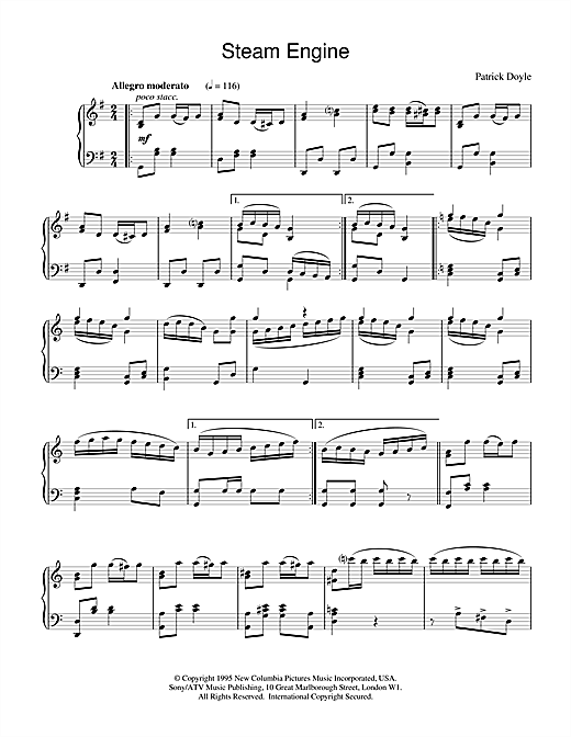 Preview Patrick Doyle Steam Engine (from Sense And Sensibility) Film and TV sheet music, notes and chords for Piano, SKU: 18774 sheet music, piano notes, chords, guitar tabs, score, transpose, transcribe, how to play, guide, download, learn, tutorial, progression, song, artist, awards, billboard, mtv, vh1, tour, single, album, release