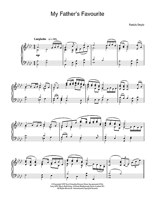 Preview Patrick Doyle My Father's Favourite (from Sense And Sensibility) Film and TV sheet music, notes and chords for Piano, SKU: 18778 sheet music, piano notes, chords, guitar tabs, score, transpose, transcribe, how to play, guide, download, learn, tutorial, progression, song, artist, awards, billboard, mtv, vh1, tour, single, album, release