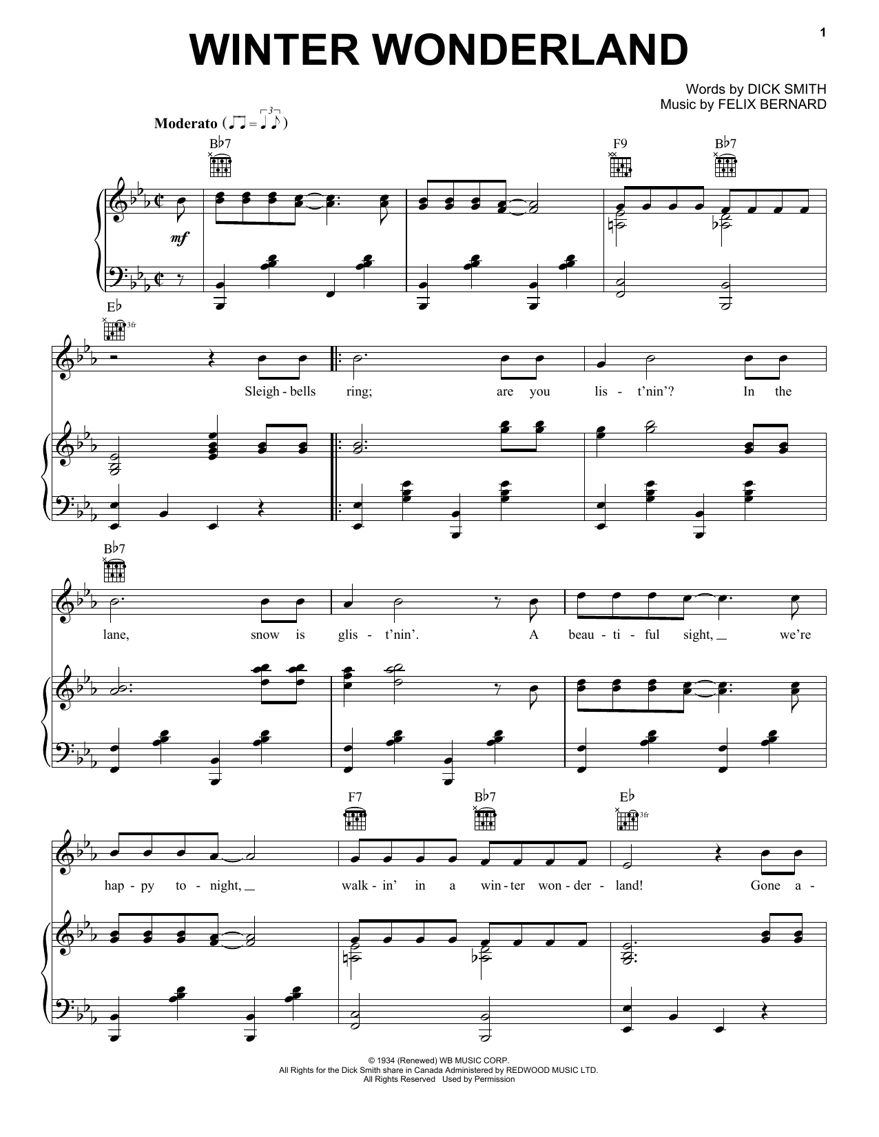 Preview Dick Smith Winter Wonderland Winter sheet music, notes and chords for Piano, Vocal & Guitar (Right-Hand Melody), SKU: 187799 sheet music, piano notes, chords, guitar tabs, score, transpose, transcribe, how to play, guide, download, learn, tutorial, progression, song, artist, awards, billboard, mtv, vh1, tour, single, album, release