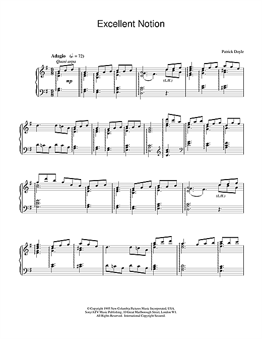 Preview Patrick Doyle Excellent Notion Film and TV sheet music, notes and chords for Piano, SKU: 18781 sheet music, piano notes, chords, guitar tabs, score, transpose, transcribe, how to play, guide, download, learn, tutorial, progression, song, artist, awards, billboard, mtv, vh1, tour, single, album, release