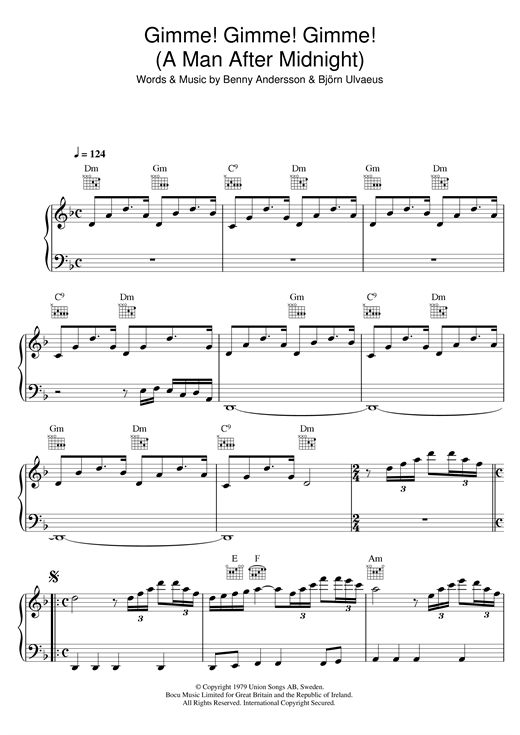 Preview ABBA Gimme! Gimme! Gimme! (A Man After Midnight) Pop sheet music, notes and chords for Piano, Vocal & Guitar (Right-Hand Melody), SKU: 18784 sheet music, piano notes, chords, guitar tabs, score, transpose, transcribe, how to play, guide, download, learn, tutorial, progression, song, artist, awards, billboard, mtv, vh1, tour, single, album, release