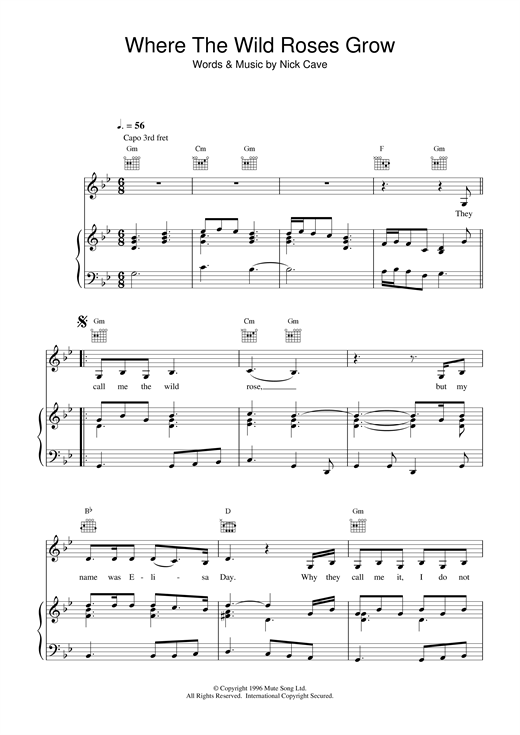 Preview Nick Cave Where The Wild Roses Grow Pop sheet music, notes and chords for Piano, Vocal & Guitar (Right-Hand Melody), SKU: 18785 sheet music, piano notes, chords, guitar tabs, score, transpose, transcribe, how to play, guide, download, learn, tutorial, progression, song, artist, awards, billboard, mtv, vh1, tour, single, album, release