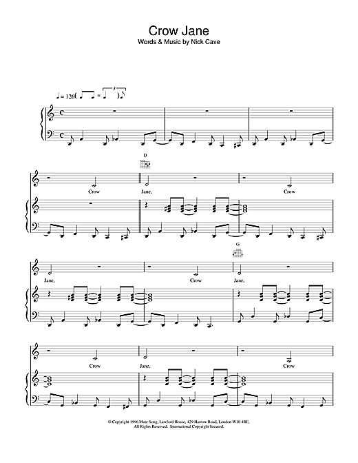Preview Nick Cave Crow Jane Pop sheet music, notes and chords for Piano, Vocal & Guitar, SKU: 18786 sheet music, piano notes, chords, guitar tabs, score, transpose, transcribe, how to play, guide, download, learn, tutorial, progression, song, artist, awards, billboard, mtv, vh1, tour, single, album, release