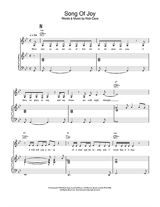 Preview Nick Cave Song Of Joy Pop sheet music, notes and chords for Piano, Vocal & Guitar, SKU: 18789 sheet music, piano notes, chords, guitar tabs, score, transpose, transcribe, how to play, guide, download, learn, tutorial, progression, song, artist, awards, billboard, mtv, vh1, tour, single, album, release