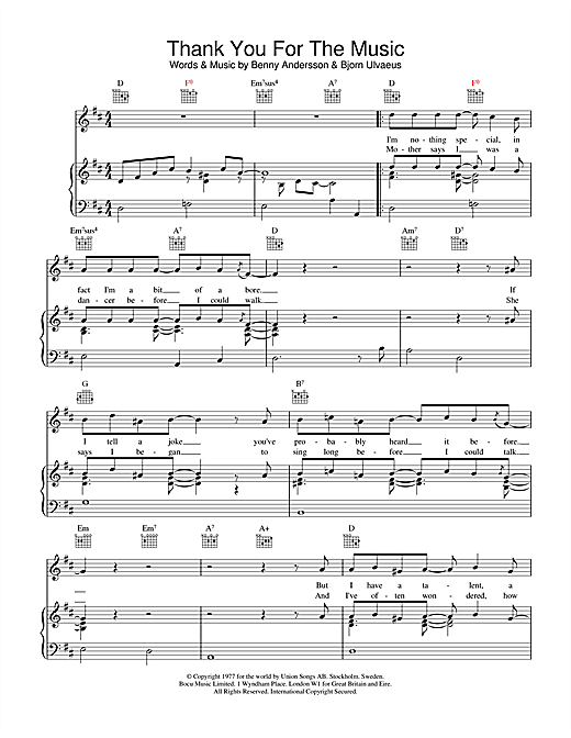 Preview ABBA Thank You For The Music Pop sheet music, notes and chords for Piano, Vocal & Guitar (Right-Hand Melody), SKU: 18795 sheet music, piano notes, chords, guitar tabs, score, transpose, transcribe, how to play, guide, download, learn, tutorial, progression, song, artist, awards, billboard, mtv, vh1, tour, single, album, release